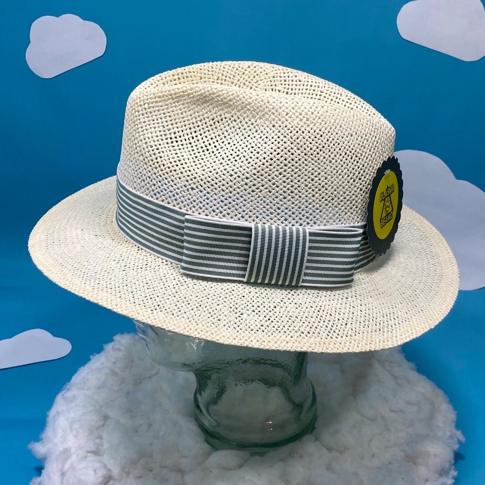 Tan Straw Panama Hat with Green Striped Grosgrain Ribbon